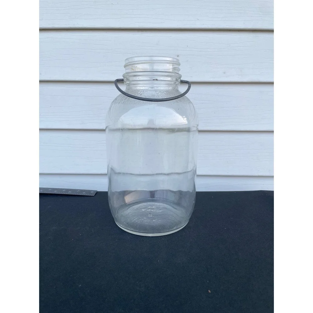 Hazel-Atlas Vintage Glass Jar with Wire Bail Handle Clear Pebbled Shoulder 8in